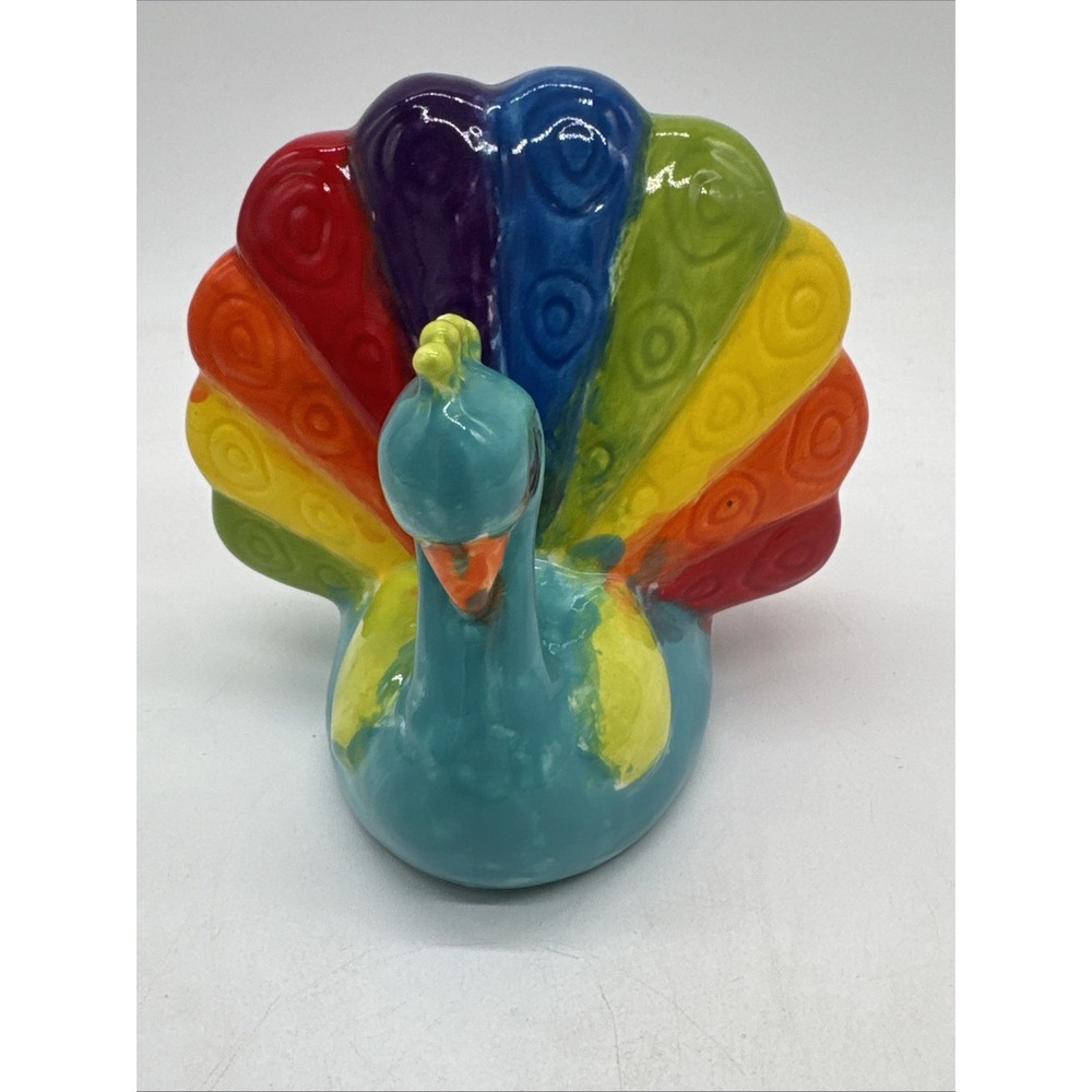 Handmade Studio Art Pottery Stoneware‎ Ceramic Piggy Bank Glazed Peacock